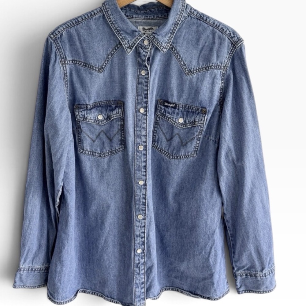 Wrangler Retro Western Denim Shirt XL Blue Snap Long Sleeve Cowgirl Top